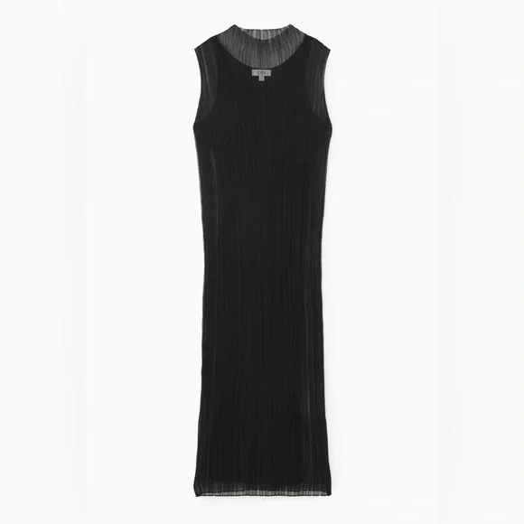 COS Sheer Plissé Midi Dress (Black) Size Large - Picture 2 of 9